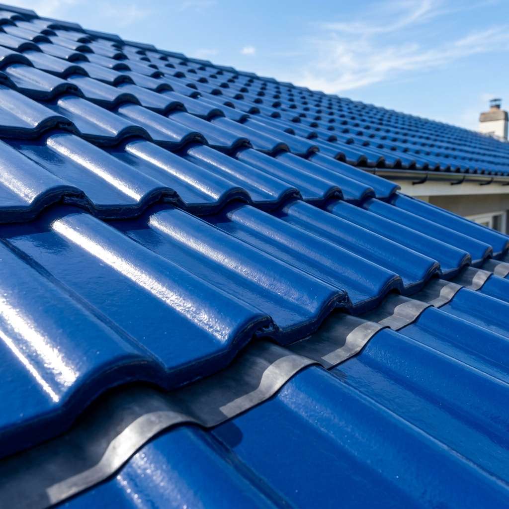 Glossy restored dark blue roof after restoration